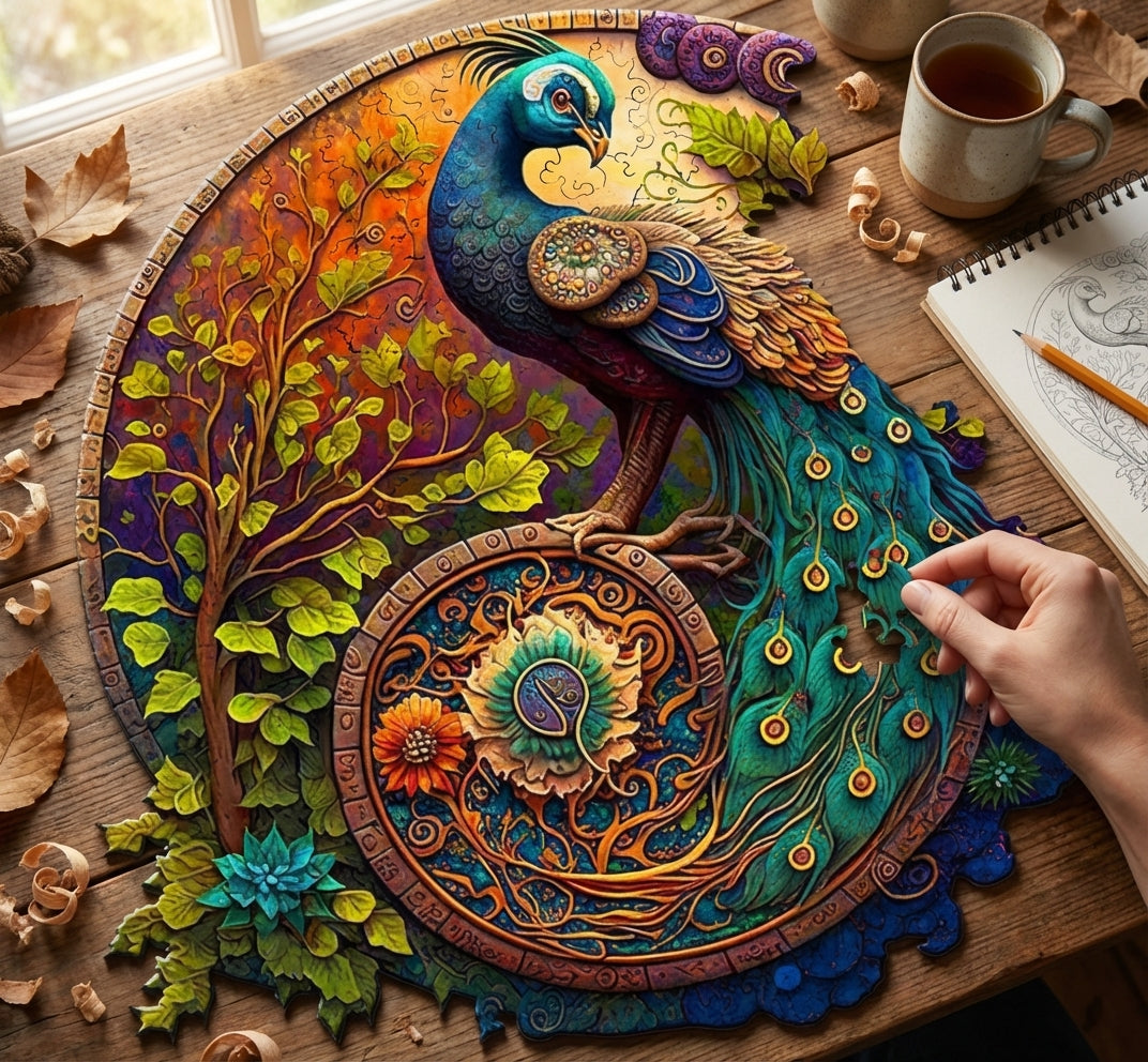 Puzzlekunst Holzpuzzle Pfau – Details